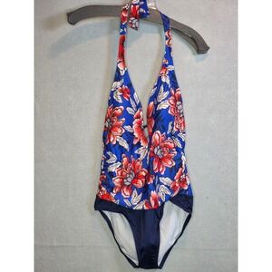 Clean Water Womens Floral Halter One Piece Swimsuit Blue Red Medium NWT